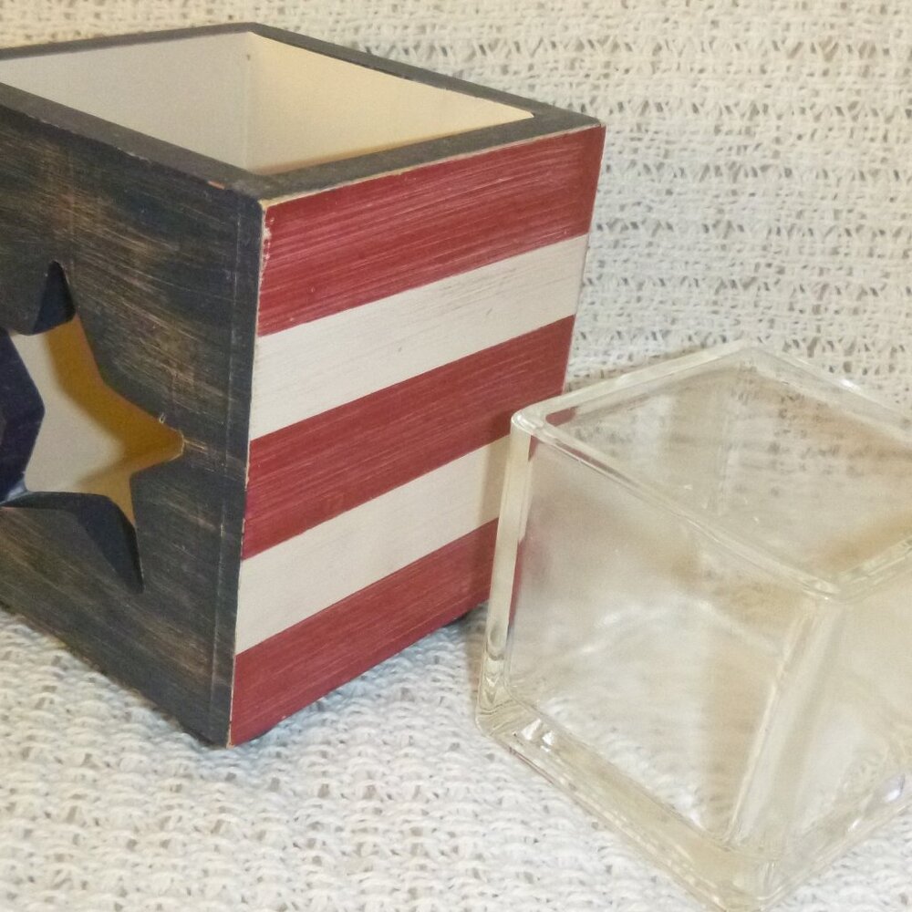Patriotic Square Wooden Tea Light Candle Holder